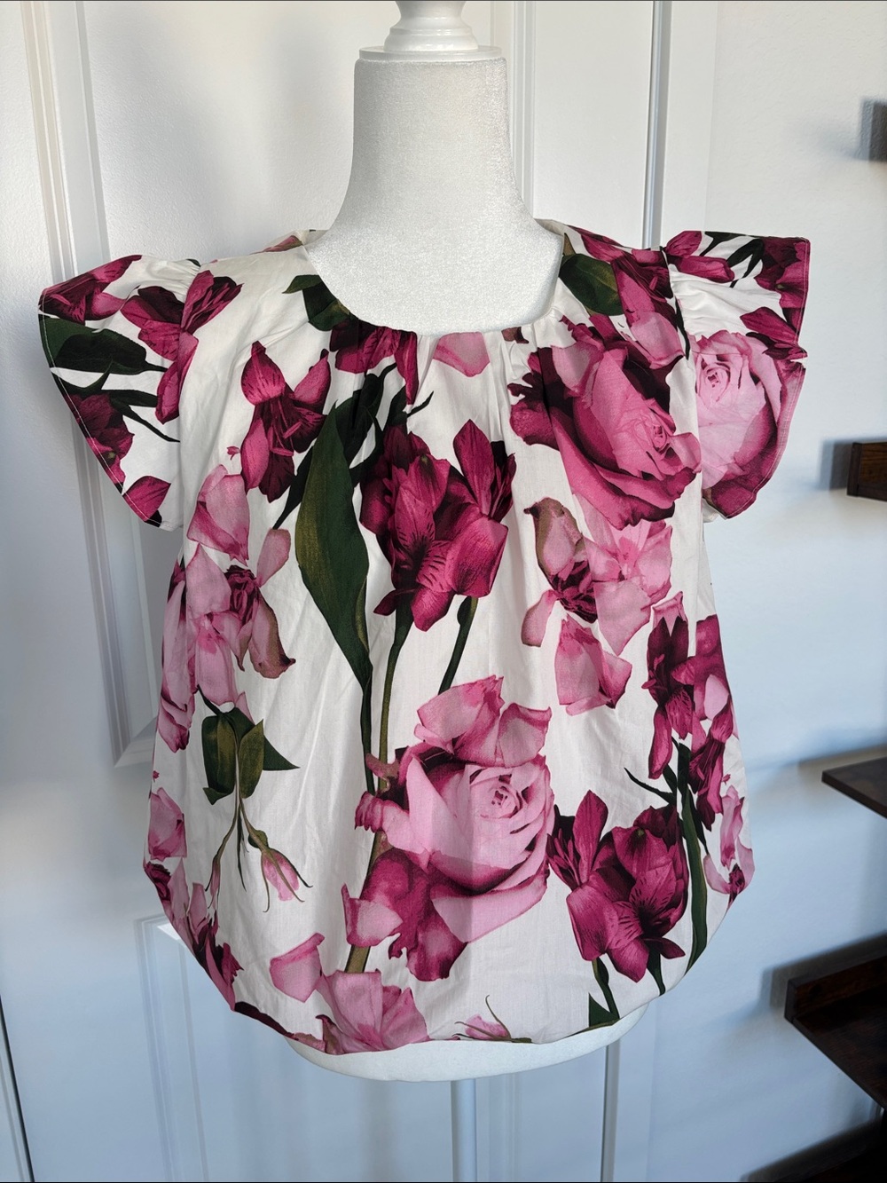 1.STATE Floral Bubble Hem Flutter Sleeve Cotton Blouse - Pink/White